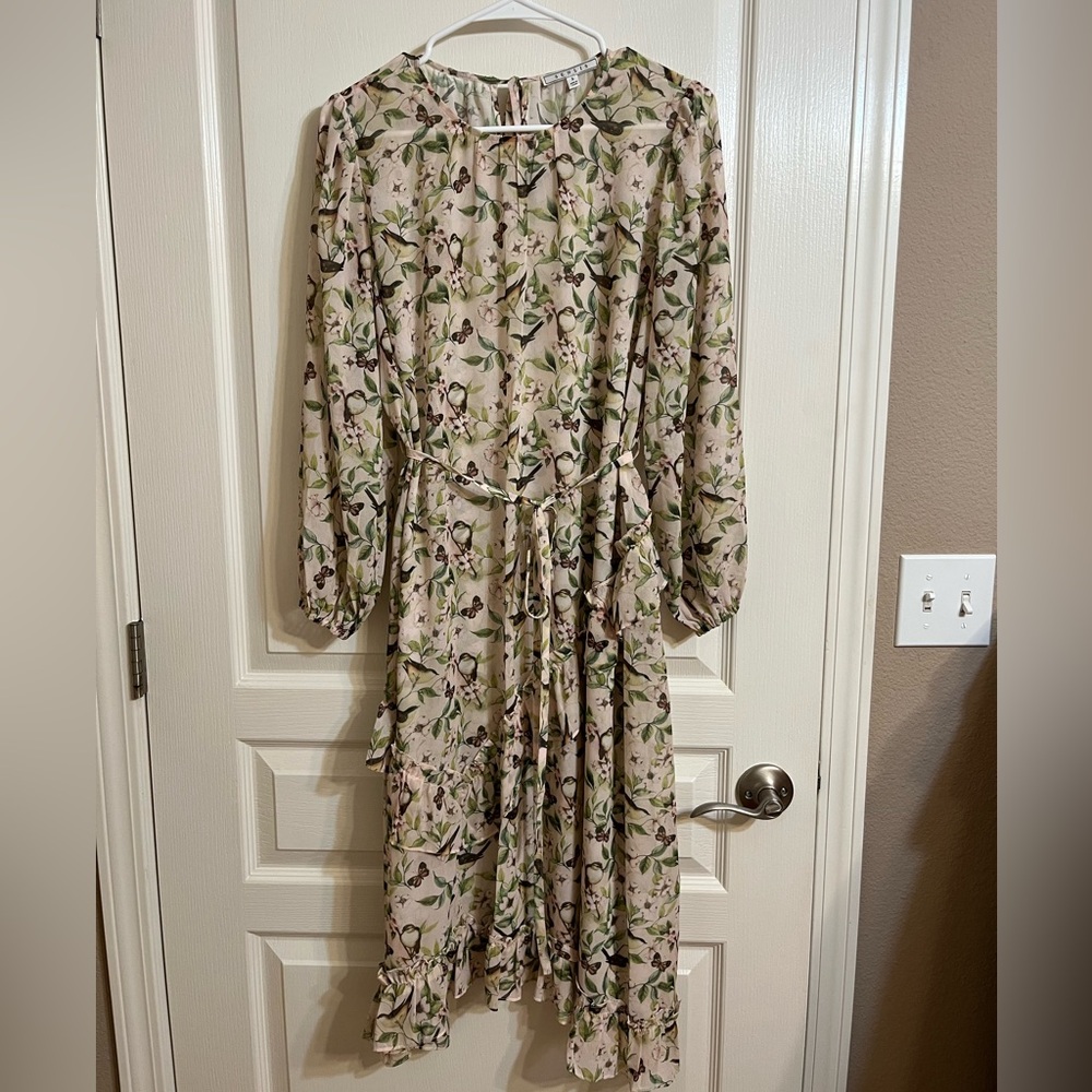 Cream and Green Midi Sundress with Long Bishop Sleeves and Ruched Tie Front